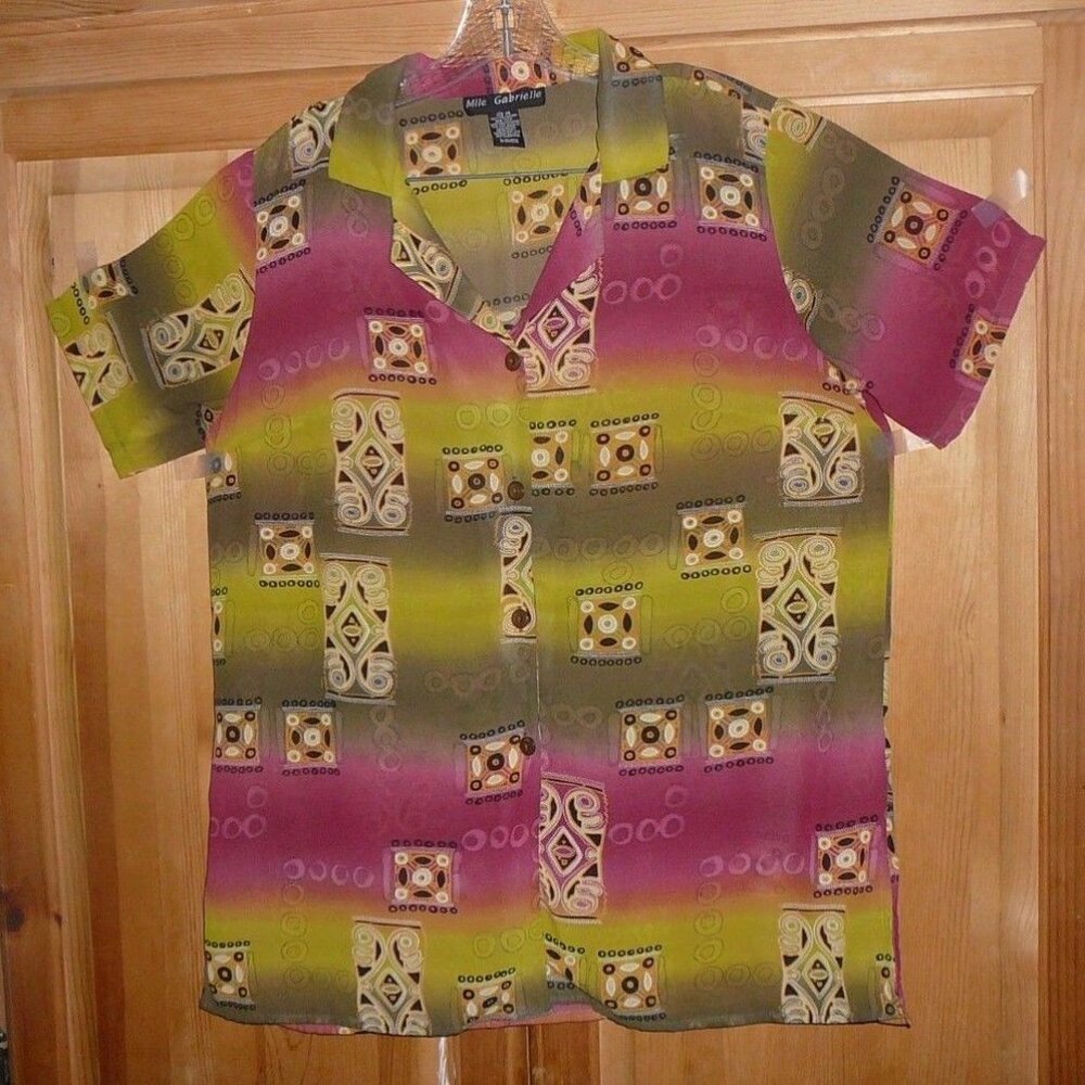 MLLE GABRIELLE Womans Shirt SIZE 14 Shirt Pink Multi Color Formal Blouse